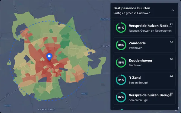 Buurtmatcher met de best passende buurten rond Eindhoven en per buurt een matchpercentage