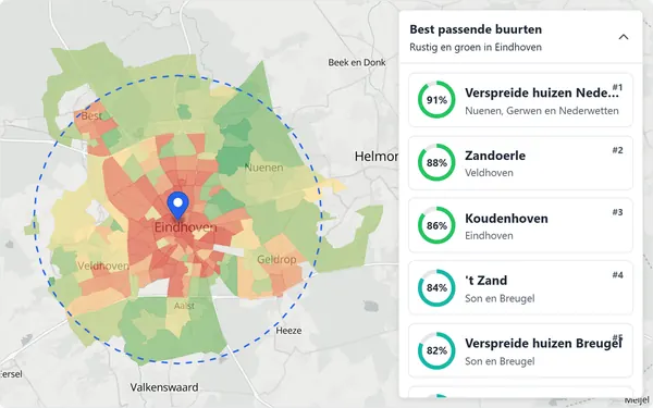 Buurtmatcher met de best passende buurten rond Eindhoven en per buurt een matchpercentage