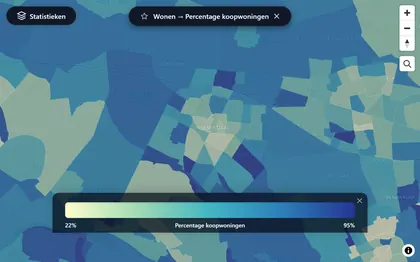 Kaart rond Veenendaal met per buurt het percentage koopwoningen in kleur