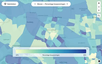 Kaart rond Veenendaal met per buurt het percentage koopwoningen in kleur